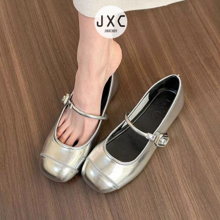 ฝรั่งเศสย้อนยุคสีทึบรองเท้าไม่มีส้นส้นต่ํา ปู่ ลื่น-บนตารางนิ้วเท้าปากตื้นสุภาพสตรีสายรัดหัวเข็มขัดแบนทุกวันที่สง่างามดีงามรองเท้าหนังขนาดเล็