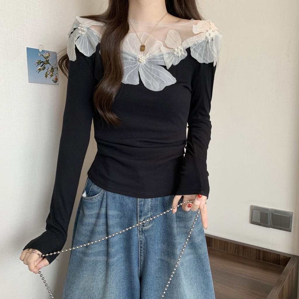 เสื้อเบลาส์แฟชั่นโรแมนติกฝรั่งเศสของผู้หญิง-ปิดไหล่ลูกไม้ตัดเสื้อแขนยาว