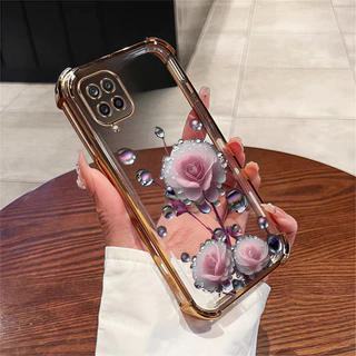 SAMSUNG สําหรับSamsung A12 M12 A22 4G 5G M22 M23 4G M33 เคสโทรศัพท์ดอกไม้สีชมพูBudสี่มุมซิลิโคนTPUโปร่งใสSoft shell ﻿ดีซ