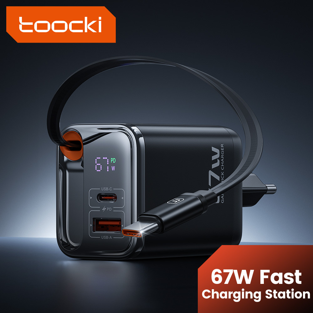 Toocki 67W GaN Charger พร้อมสาย Retractable Type C 3 ใน 1 Digital Dsiplay Fast Charger USB C Charger