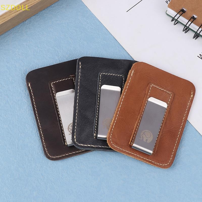 [cxSZDOLL] Thin Leather Money Clip Mini Wallet Men Credit Card Slot Slim Bills Metal Cash Clamp For Man Small Billfold Holder DOM