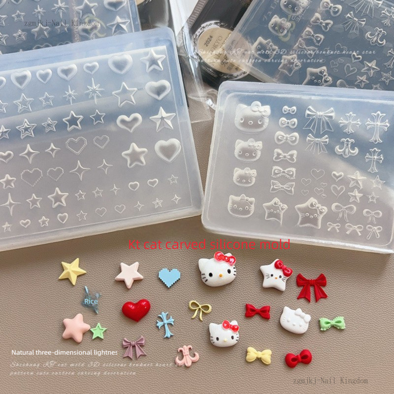 แม่พิมพ์ซิลิโคนเพ้นท์ 3D kt ​​แมวโบว์หัวใจดาวห้าแฉก / แม่พิมพ์ไส้เล็บเจลยาทาเล็บง่ายต่อการรื้อถอน / ทําอุปกรณ์ทําเล็บ