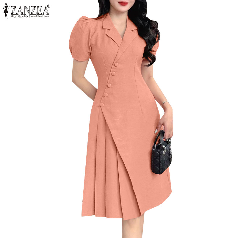 ZANZEA ผู้หญิงธุรกิจเกาหลี OL ชุดคอพัฟจีบไม่สม่ําเสมอ Splicing A-Line Dresses