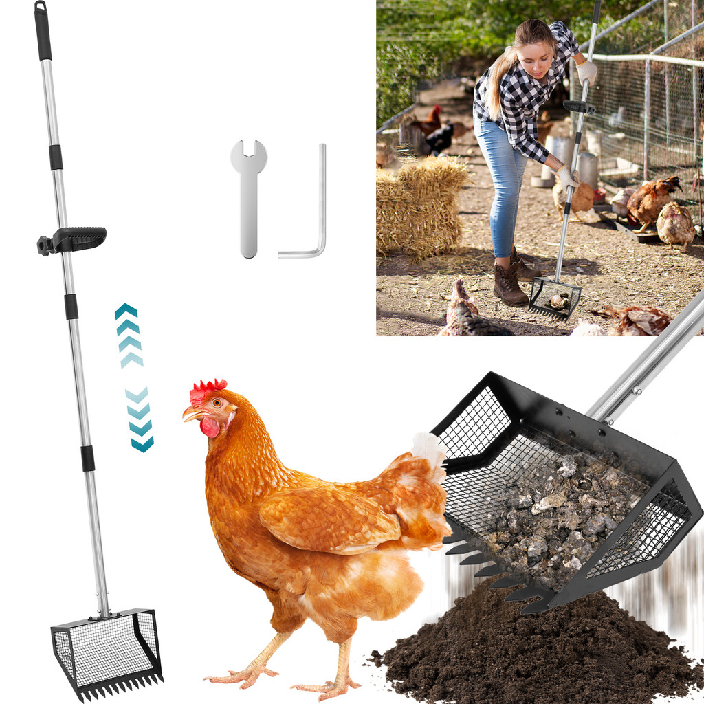 ไก่ Poop Scooper ปรับด้ามยาวโลหะ Sifting Shovel สําหรับสัตว์ปีกขยะทําความสะอาด SHOPSBC8428