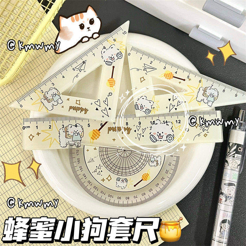 蜂蜜快乐小狗套尺亚克力三角尺高颜值可爱直尺四件套学生开学必备Honey Happy Puppy Set Ruler Acrylic Triangle Ruler Highgnhfng20250826