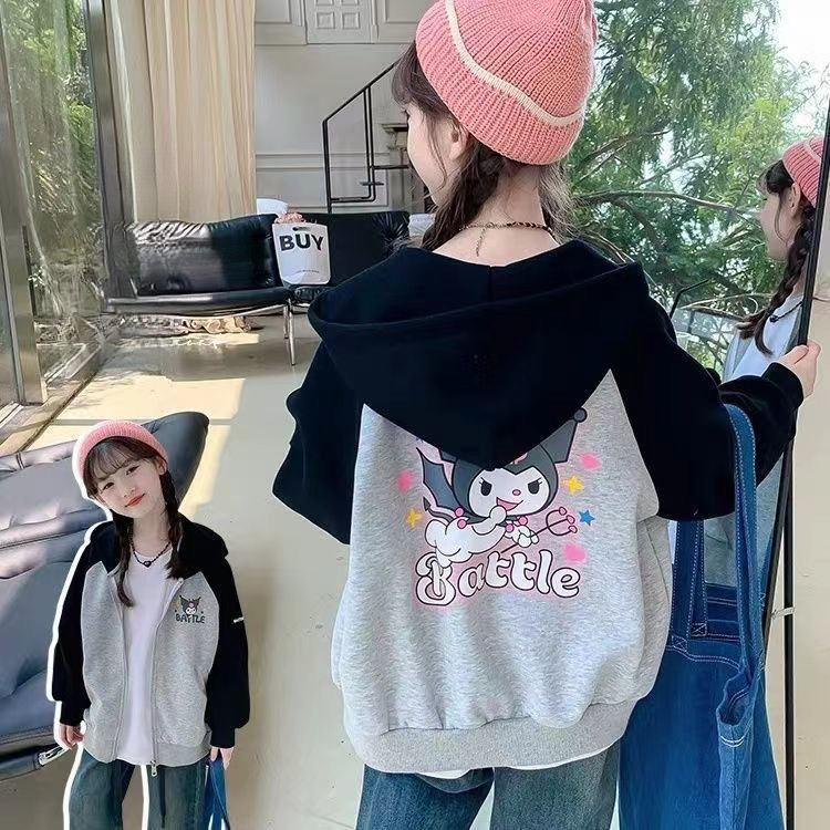 เสื้อเด็กผู้หญิง, เสื้อสเวตเตอร์เด็ก, อบอุ่น, หนา, แฟชั่นฤดูใบไม้ร่วง, เสื้อมีฮู้ดลำลอง, ลายการ์ตูน Kuromi น่ารัก
