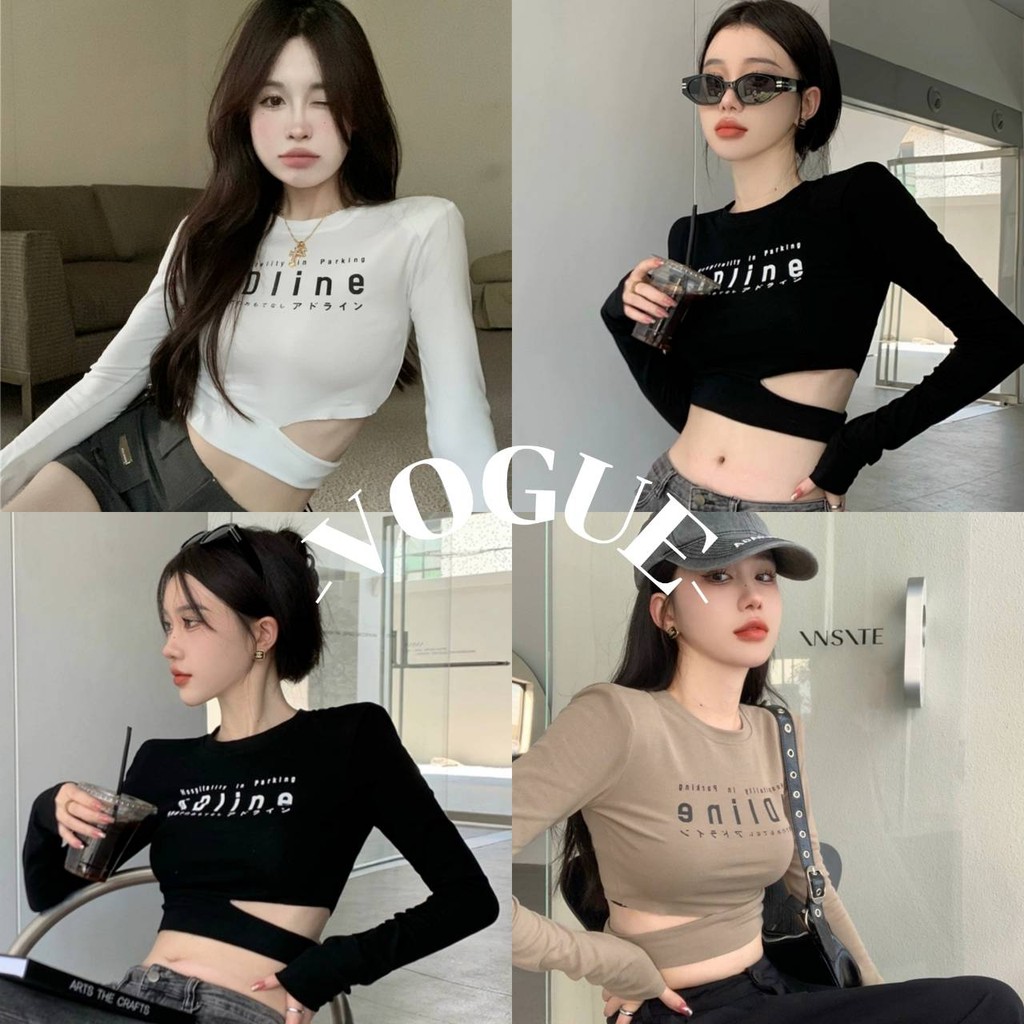 Vogue พร้อมส่ง เสื้อครอปไหมพรมแขนยาว คอกลม ดีเทลสกีนลายตัวอัษรเก๋มาก (41066)