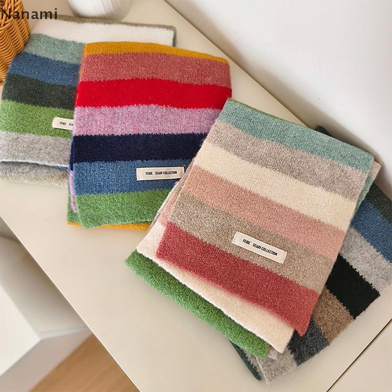 [Nanami] Rain Stripes Mohair Scarf Colour Blocking Stripes Wool Short Scarf ผ้าพันคอสั้นอุ่น [TH]