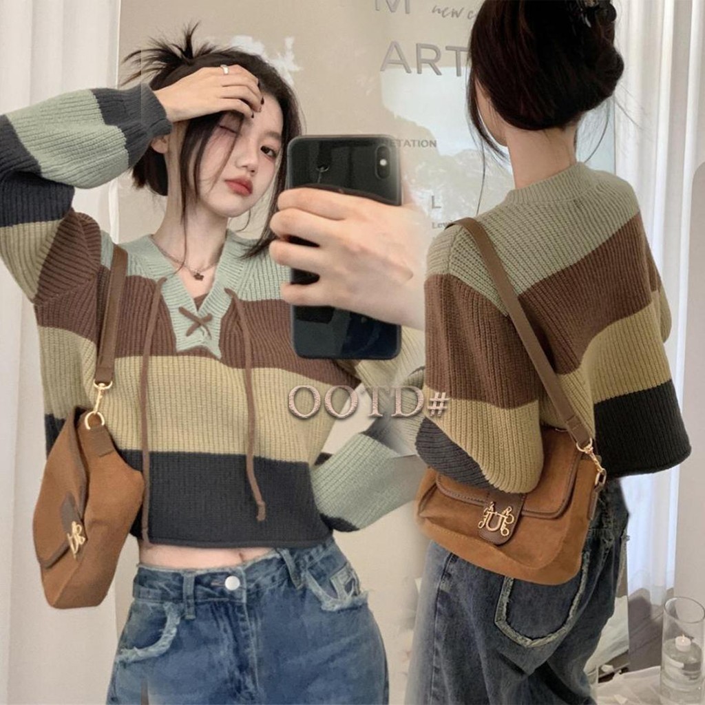 DODO#พร้อมส่ง”เสื้อครอบไหมพรม ลายทางสลับสี สีคอนทราสต์ ผ้าถักแขนยาว ร้อยเชือกหน้า#26901-1