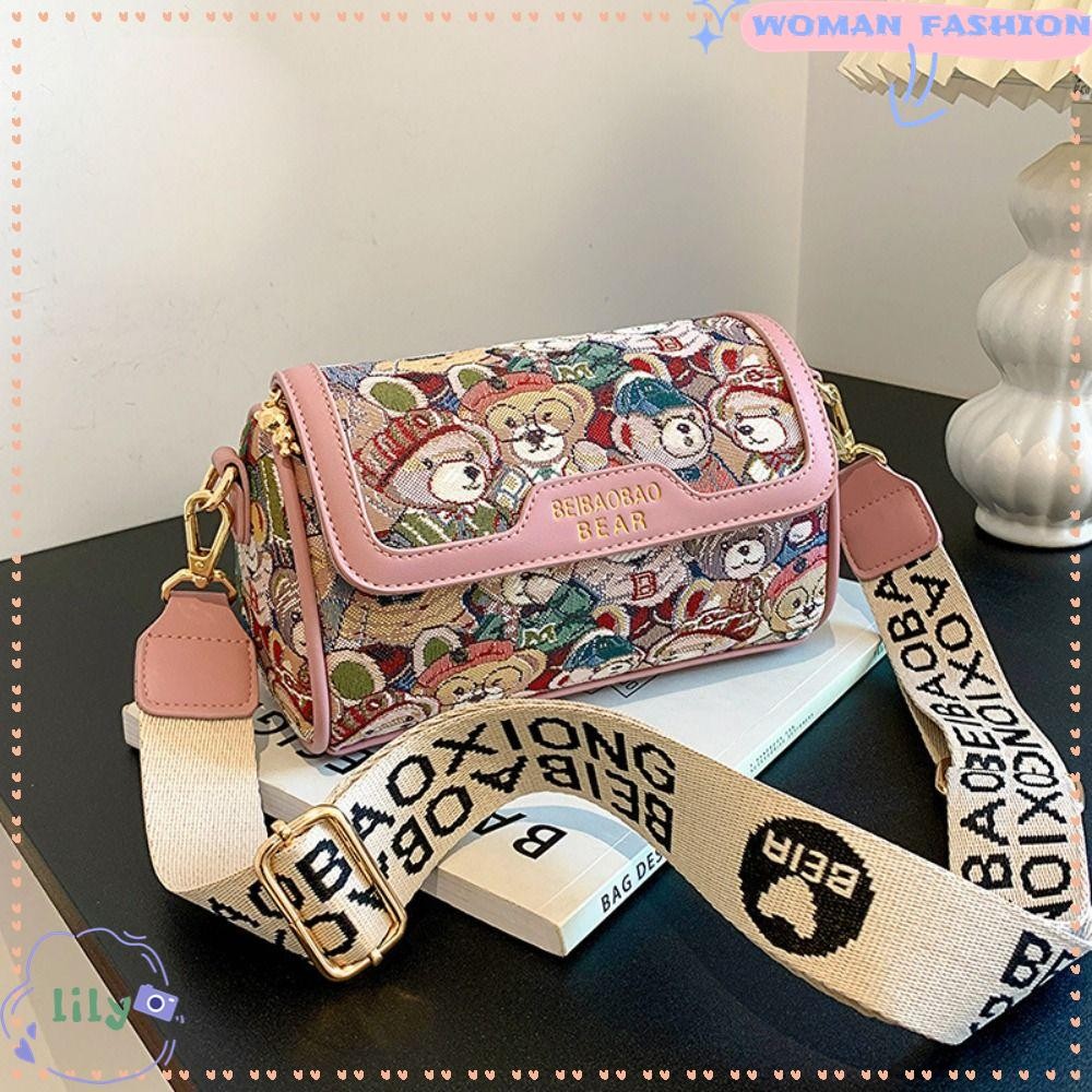 Lily Square Bag, กระเป๋าสะพายข้างลายหมีลําลอง, กระเป๋าถือสไตล์สี่เหลี่ยมเล็กขี้เล่นสําหรับผู้หญิง