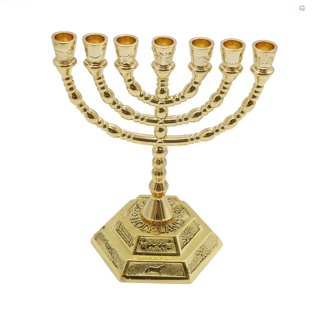 7 สาขา Menorah เชิงเทียน Jerusalem วัด 12 Tribes of Israel Menorah พร้อม Aaron Rod Manna Vessel และเม็ด 5.11 นิ้วความสูงโบราณ Hanukah เทียนสําหรับชาวยิว Holida