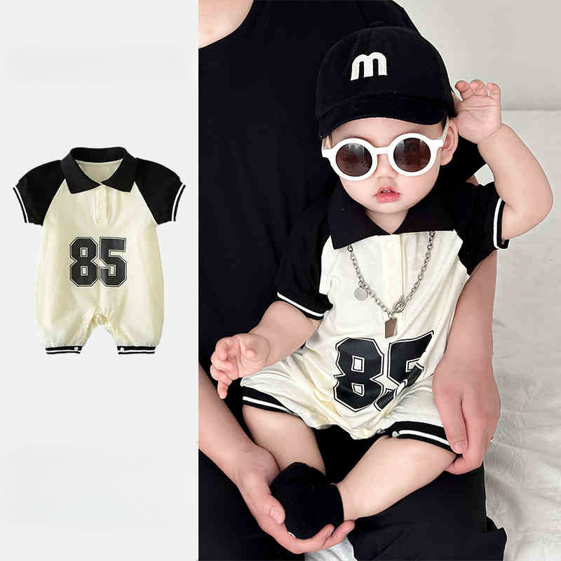 ฤดูร้อนใหม่เสื้อผ้าเด็กชายหญิงโปโลบอดี้สูทแขนสั้น 0-24 เดือนเด็ก ระดับ ก ผ้าฝ้ายบาง ประกบกัน ออกแบบตัวอักษร ชุดรอมเปอร์ สไตล์เกาหลี