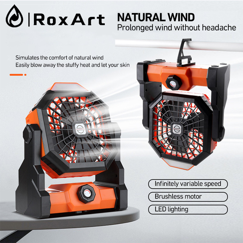 Roxart พัดลมแคมป์ปิ้ง 7800mah พัดลมพกพา แขวนได้ โคมไฟปรับได้ 3ระดับ ชาร์จUSB Outdoor Fan พัดลมไร้สาย