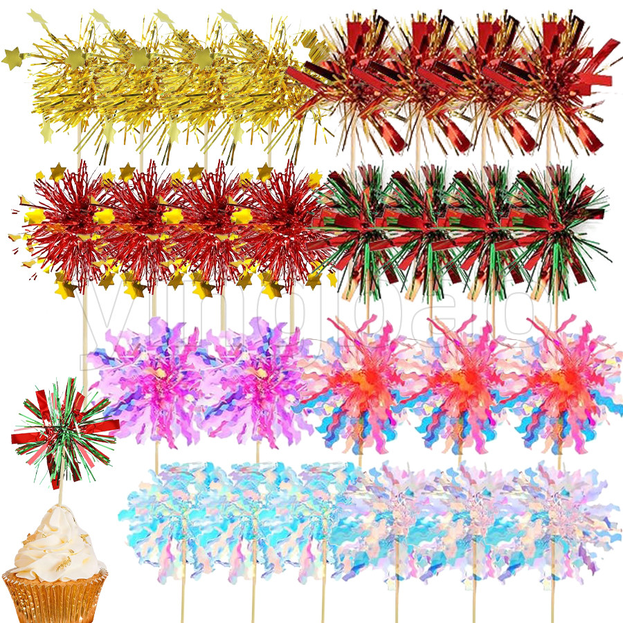 30 ชิ้น Firework Cupcake Topper คริสต์มาสปีใหม่ตกแต่งเค้กฟอยล์ Frill ไม้จิ้มฟัน Sparkle Tinsel ค็อกเทล Picks สําหรับตกแต่งงานปาร์ตี้ คริสต์มาส ปิคนิค บาร์ วันเกิด Holi