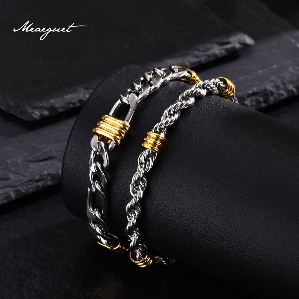 Meaeguet แฟชั่นผู้ชายs สร้อยข้อมือสแตนเลส, 2-Tone Gold-Plated เชือก Cuban Chain สร้อยข้อมือของขวัญ