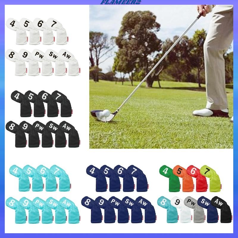[Flameer2] 9x Golf Iron Headcover Set, Protector Golf Club Head Cover 4,5,6,7,8,9,PW,SW,AW PU พร้อมอ