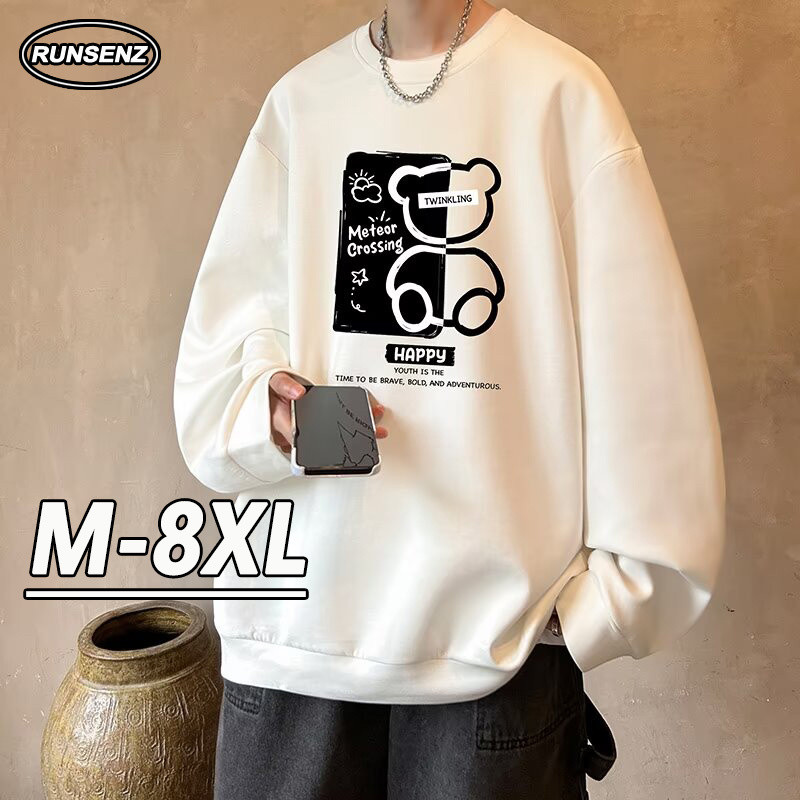 M-8xl เสื้อยืดแขนยาวสไตล์ขี้เกียจเกาหลีผู้ชายรอบคอลําลองหลวมพลัสขนาดด้านบน