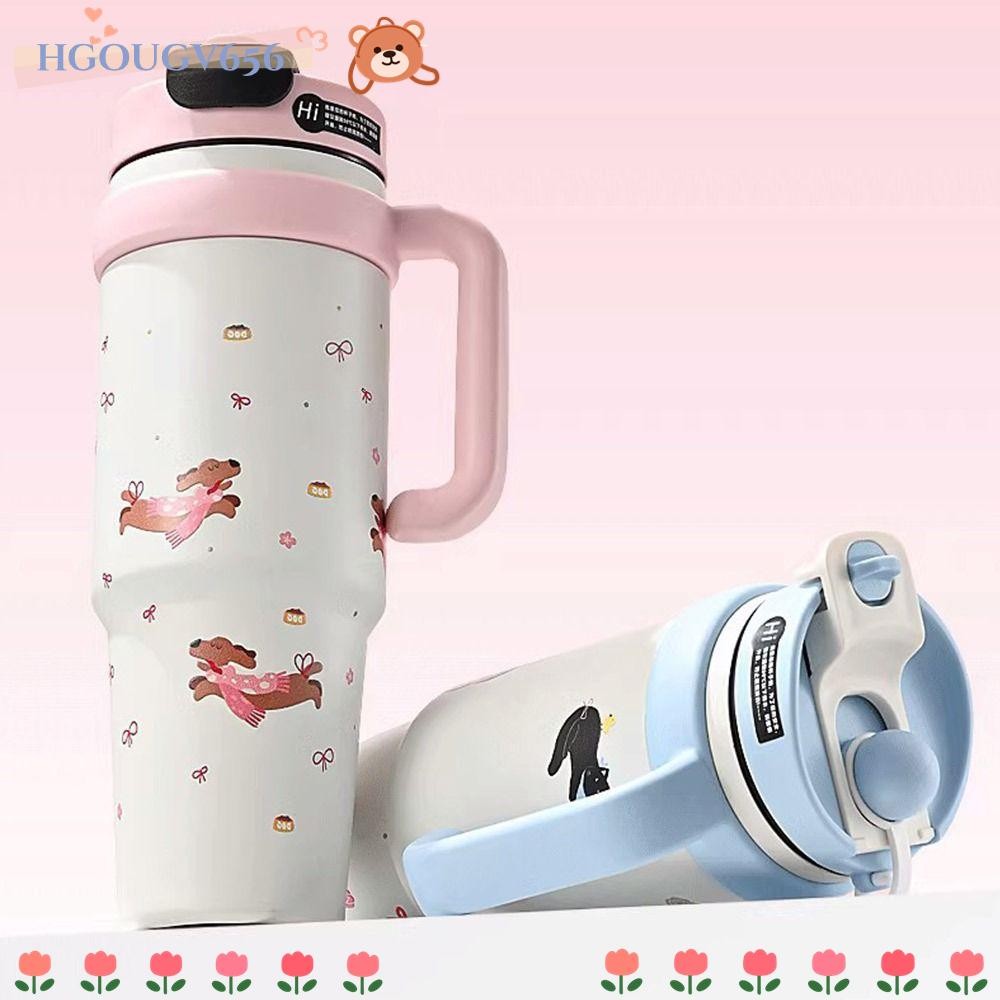Hgougv656 การ์ตูน Thermos ถ้วย,พร้อมฝาปิดและฟางพร้อมที่จับฉนวน Tumbler, แบบพกพา 316 สแตนเลสของขวัญ 1000ML ถ้วยดื่มโดยตรงสําหรับนักเรียน