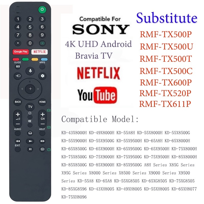 RMF-TX500P เปลี่ยนรีโมทคอนโทรลสําหรับ Sony TV (พร้อมฟังก์ชั่นเสียงไม่มี) KD-65X750H XBR-49X950H XBR-