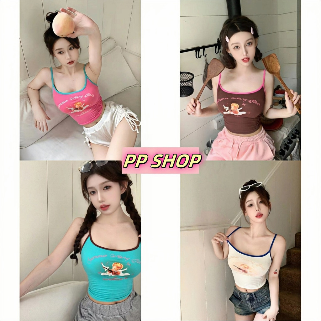 PP Shop​ ​​พร้อมส่งเสื้อสายเดี่ยวแขนกุด มีฟองน้ำใส่สบายเซ็กซี่เข้ารูปเสื้อครอปคอกลม หลากสี พิมพ์ลายผ้ายืด เกาหลี#FY2217