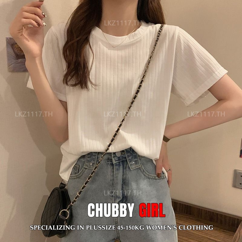 Plus size เสื้อผ้าสาวอวบ เสื้อยืดสาวอวบอ้วน ไซส์ใหญ่ ผู้หญิง ทรงหลวม แขนสั้น คอกลม สีขาว ฤดูร้อน สไตล์เกาหลีแฟชั่น
