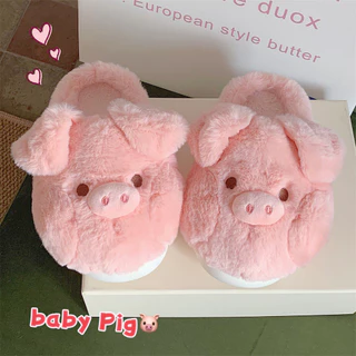 Xitiao ฤดูหนาว Warm นุ่มหนา Soled Furry รองเท้ารองเท้า 2024 สไตล์ใหม่สุภาพสตรีน่ารักสีชมพูลูกหมูรองเท้าแตะผ้าฝ้าย ins