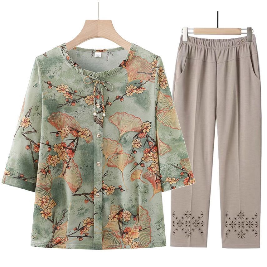 Set 2 ชิ้น✨เสื้อผู้หญิง+กางเกงขายาว ลายดอกไม้ แขนสามส่วน เสื้อคนแก่ สวมใส่สบาย ดูแพง