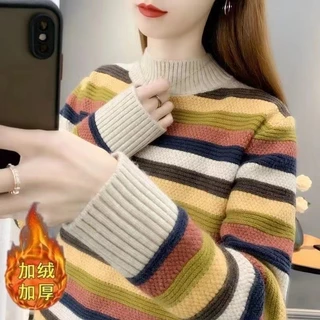 ครึ่งคอเต่าลายเสื้อกันหนาวผู้หญิง 2025 ฤดูใบไม้ร่วงฤดูหนาวสไตล์ใหม่เกาหลีรุ่นหลวมถักเสื้อ จุดต่ําสุด ด้านนอก เรา