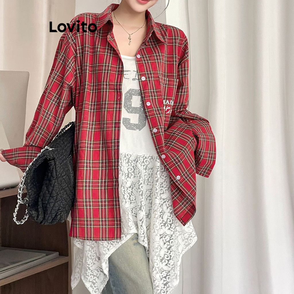 Lovito เสื้อเบลาส์ลาย ลายกิงแฮมลำลองสำหรับผู้หญิง LAD106605