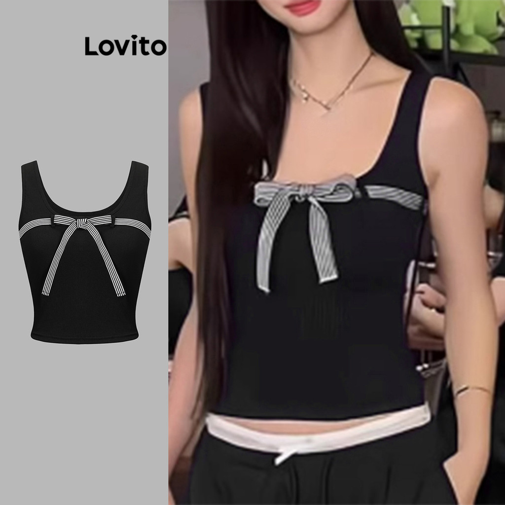 Lovito เสื้อกล้ามผูกโบว์สีพื้นลำลองสำหรับผู้หญิง L108ED789