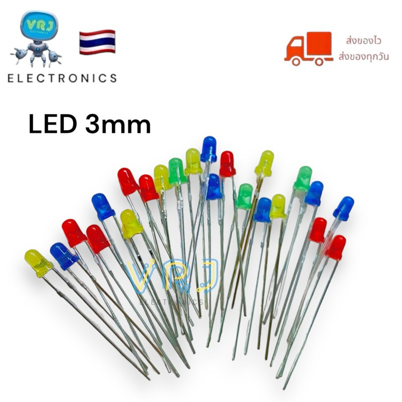 หลอดไฟ LED (แพ็ค100ตัว)ขนาด 3mm. ไฟ 3V(ไดโอดเปล่งแสง) สีแดง สีเหลือง สีเขียว สีน้ำเงิน เหมาะสำหรับใช้งานและโครงงานต่างๆ