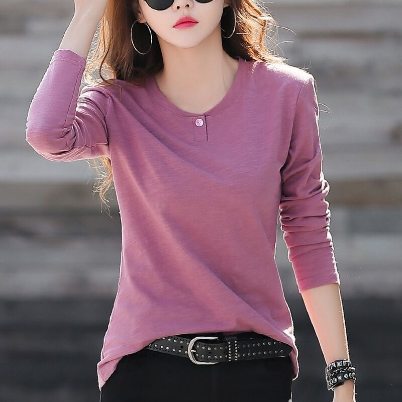 เสื้อยืดแขนยาวเรียบง่ายเวอร์ชั่นเกาหลีเสื้อยืดชั้นฐานบางกระชับสัดส่วน