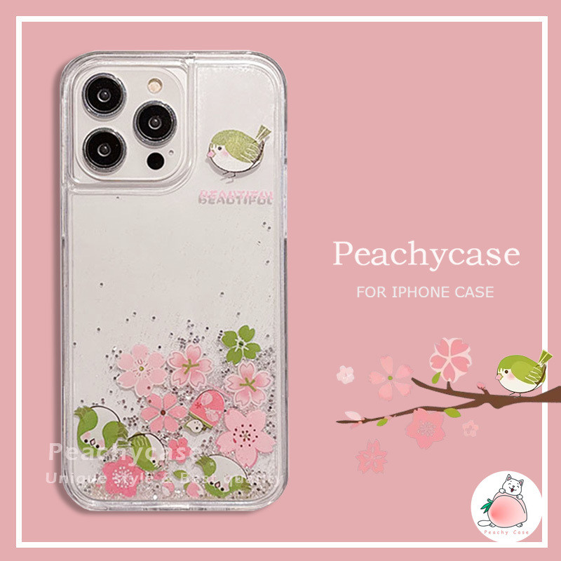 Ins สีชมพู Peach Blossom Birdie เลื่อน Quicksand โทรศัพท์มือถือสําหรับ iPhone 16 Plus 15 14 13 12 Pro Max 11 อะคริลิคโปร่งใสกันกระแทกมือถือฝาหลัง