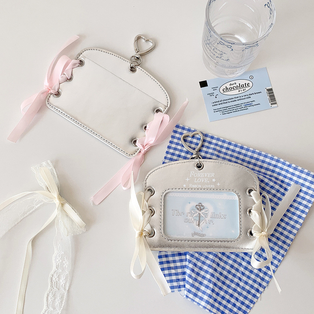 Ins Ballet Silver Leather PU Card Holder Ballet 3 Inch Small Card Display Hanging Protective Case Ribbon Idol Card Holder