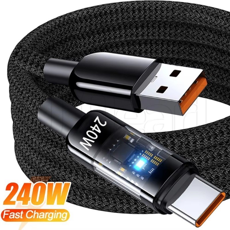 0.25/1/1.5/2m 240W Fast Charging Type C Data Cable - สายชาร์จโทรศัพท์แบบถักไนลอน - สายถ่ายโอนข้อมูลสีดํา - สายชาร์จข้อมูลอย่างรวดเร็ว - สายชาร์จ USB-C โปร่งใส
