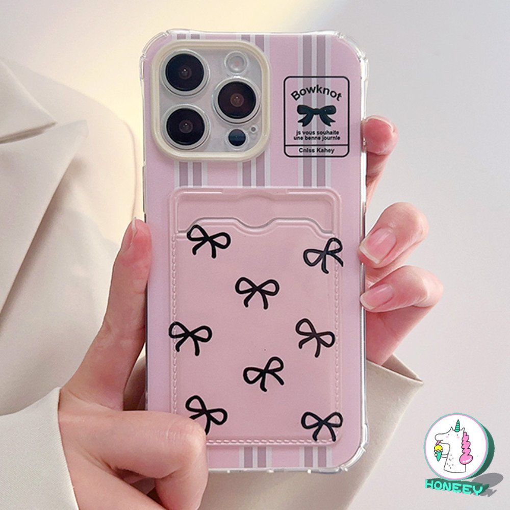 Girly สีดําสีชมพู BowKnot ผู้ถือบัตรเคสโทรศัพท์สําหรับ IPhone 16 15 14 13 12 11 Pro Max X XR 8 7 Plus กันกระแทก Soft TPU ปกหลัง