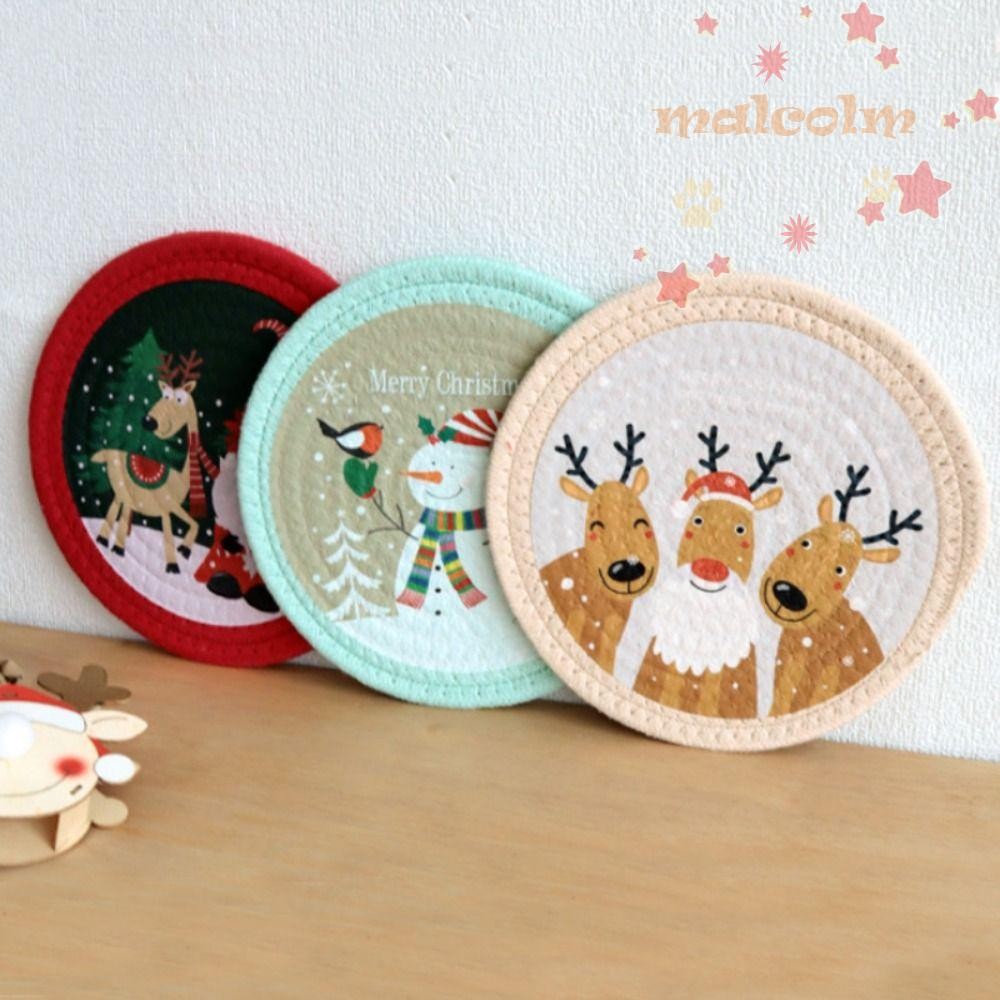 ที่รองแก้ว MALCOLM, แผ่นรองจานผ้าฝ้ายทอคริสต์มาสกันลื่นทรงกลม, การ์ตูนแมวหนาขึ้น Snowman Anti-scalding ถ้วยถ้วยตกแต่งตาราง