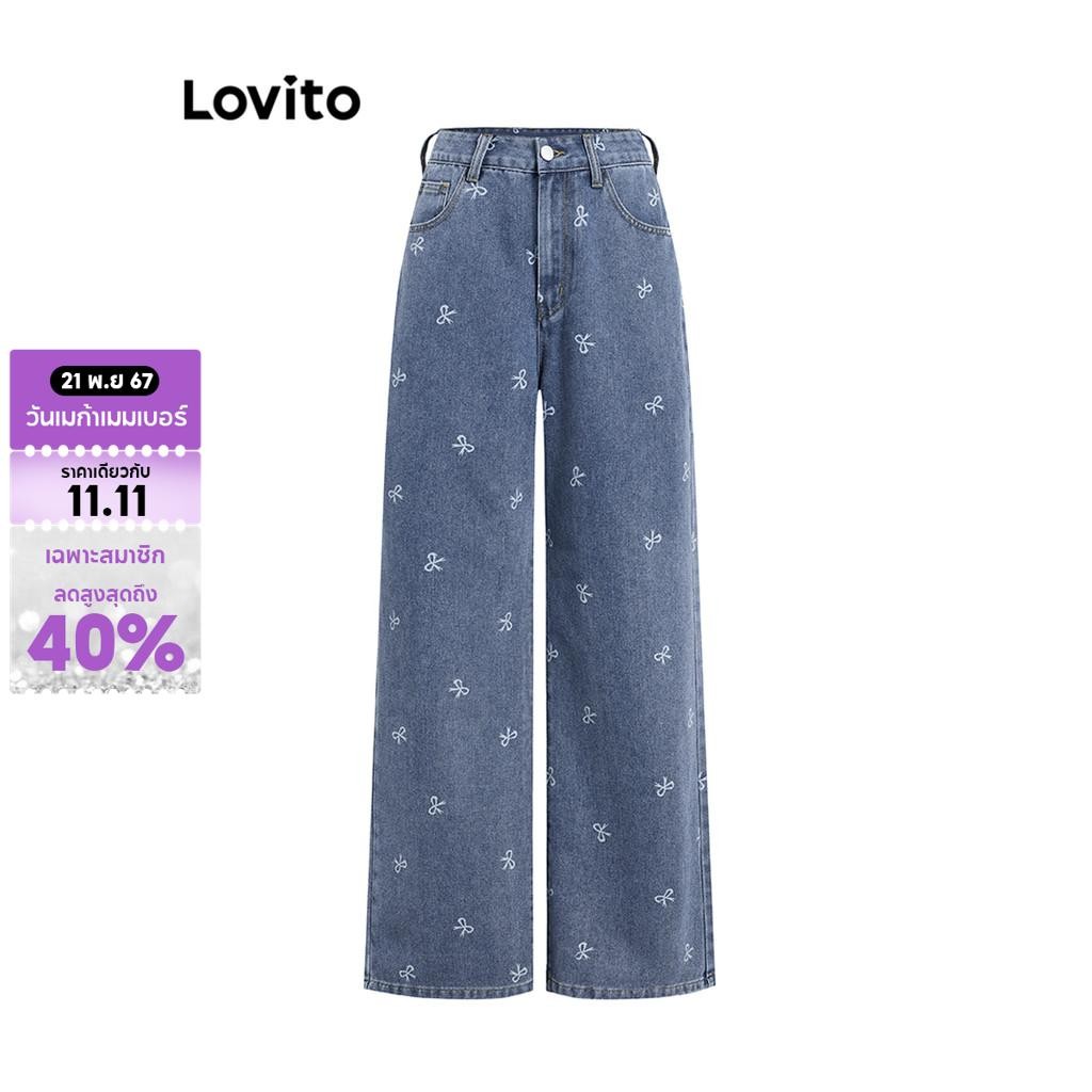 Lovito กางเกงยีนส์ฟอกโบว์ลายดอกไม้ ลายเดซี่สำหรับผู้หญิง L101AD008