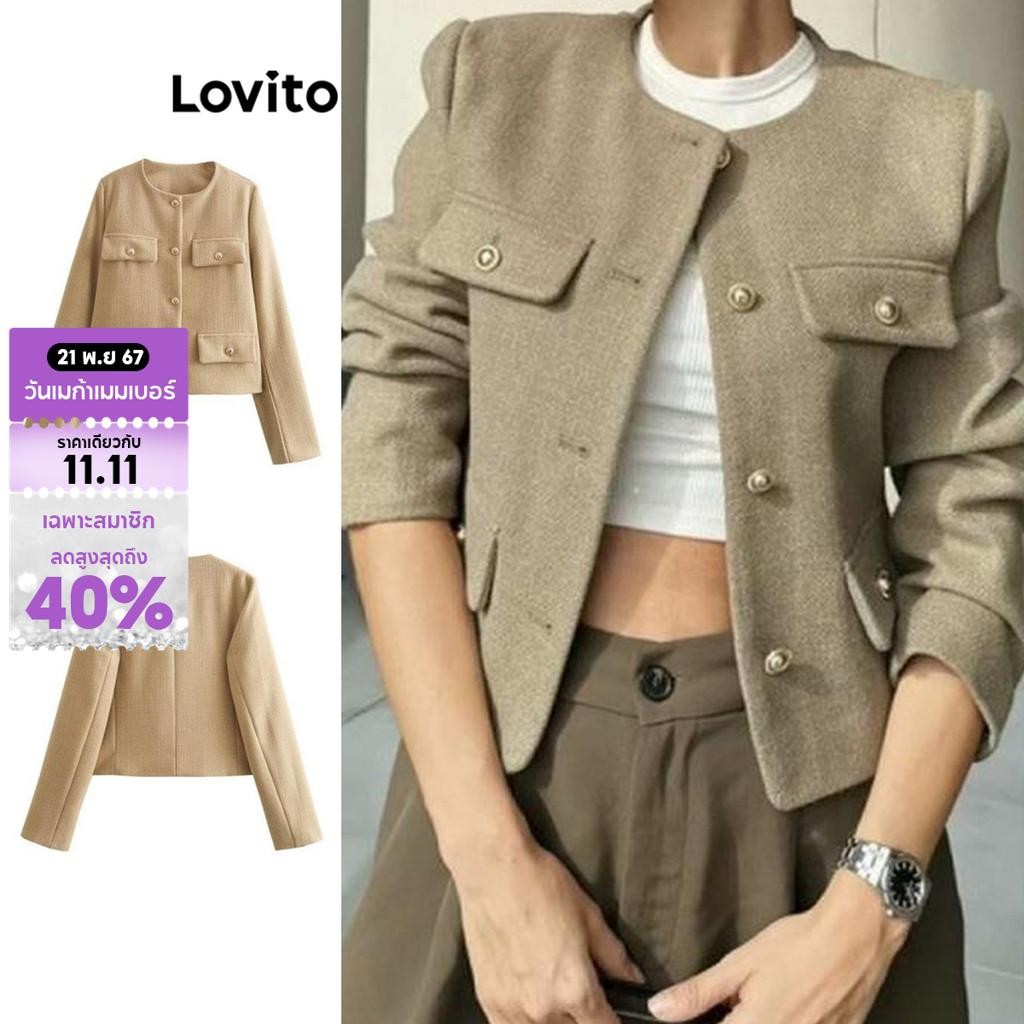 Lovito เสื้อโค้ทผู้หญิง กระดุมหน้า แต่งกระเป๋าหลอก สีพื้น สไตล์หรูหรา LNL62362