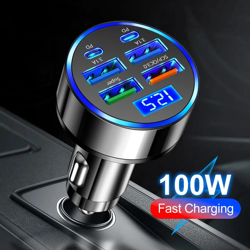 Twitch100w 6/8 พอร์ต Car Charger Fast Charging PD QC3.0 USB C รถชาร์จโทรศัพท์ Type C อะแดปเตอร์ในรถยนต์สําหรับโทรศัพท์มือถือ