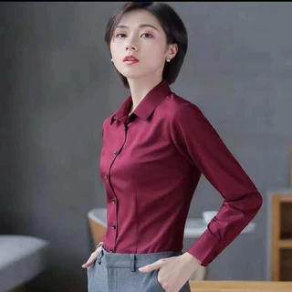 เสื้อเชิ้ตแขนยาวทางการธุรกิจสําหรับทํางานและสํานักงาน คอปกสีทึบ แบบสลิมฟิตสำหรับผู้หญิง