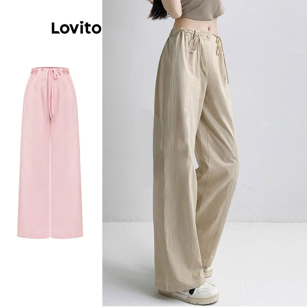Lovito กางเกงขายาวลำลอง สีพื้น แต่งกระดุม ผูกเชือก สำหรับผู้หญิง LNA19180 (หลากสี)