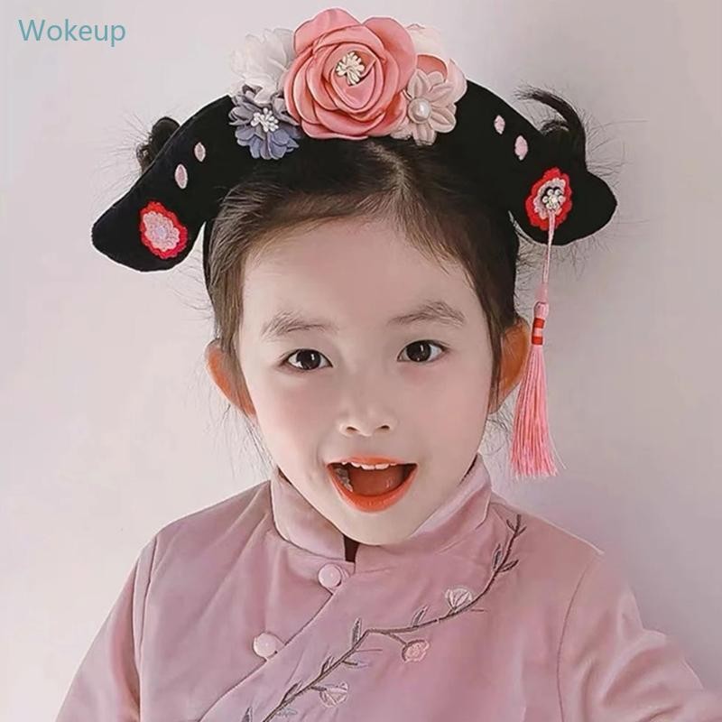 Wake จีนโบราณ HeadBand Manchu เจ้าหญิง Headwear Hanfu Tangzhuang เด็กน่ารักอุปกรณ์เสริมผมดอกไม้พู่ Headwea