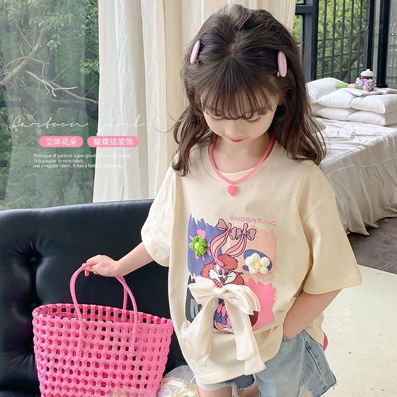 สาวแขนสั้นเสื้อยืดสไตล์ตะวันตกสบายๆสามมิติตกแต่งเด็กผ้าฝ้ายแท้ขนาดกลางขนาดใหญ่เด็กบนเสื้อผ้า 11.23