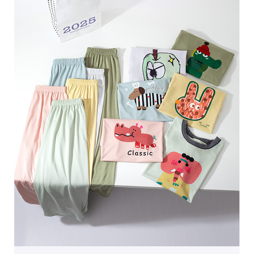 พร้อมสต็อก 100-180ซม ชายหญิงน่ารักการ์ตูนแขนสั้น ชุดลําลอง กลางเด็กใหญ่ชุดนอนระบายอากาศนุ่มชุดสองชิ้น - รูปที่ 6