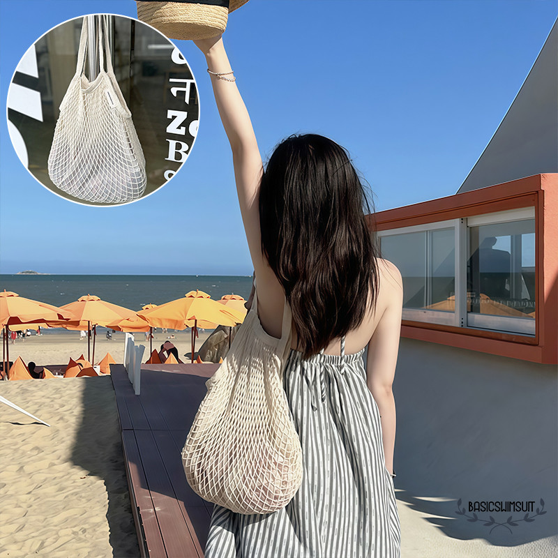🧡Basic swimsuit💛 ฤดูร้อน แฟชั่น กระเป๋าไปทะเล กระเป๋าสะพายไหล่ทอ ถุงตาข่ายหนา มีหลายสไตล์และหลายสี