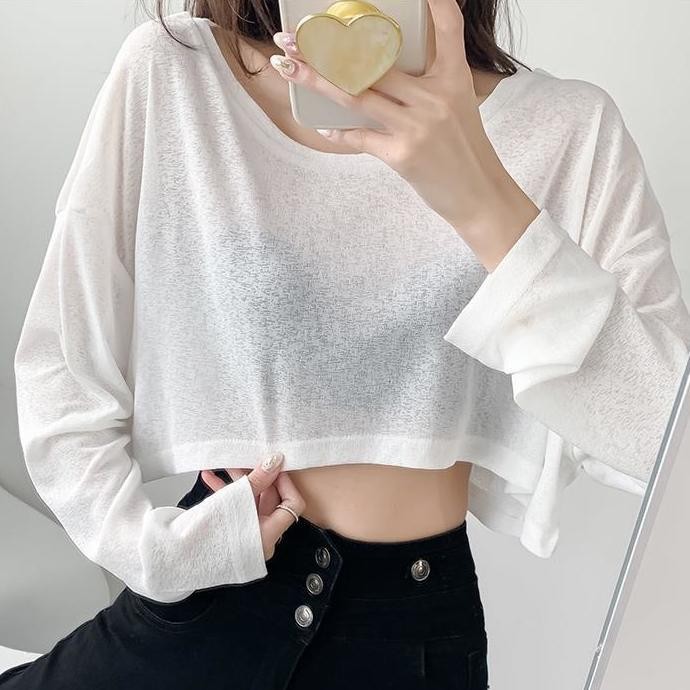 เสื้อตาข่าย ชุดป้องกันแสงแดดสำหรับผู้หญิง ทรงหลวม ฤดูร้อน บาง ป้องกันรังสียูวี เสื้อยืดแขนยาวผ้าไหมน้ำแข็ง