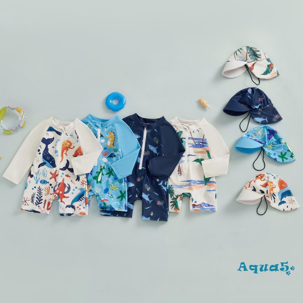 AQQ-Toddler Boy Rash Guard ชุดว่ายน้ํา Shark พิมพ์แขนยาวครึ่ง Zip-up ชุดว่ายน้ําพร้อมหมวกกันแดด 2 ชิ้นชุดว่ายน้ําชุด
