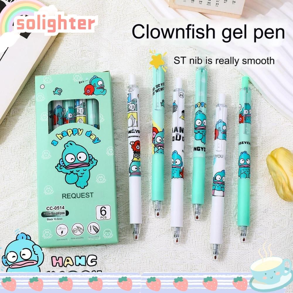 Solighter 6 ชิ้นกดปากกา Neutral, 0.5 มม.การ์ตูน Hangyodon ชุดปากกาเจล, Clownfish Quick-drying สีดํานักเรียนปากกาลายเซ็นอุปกรณ์การเรียน