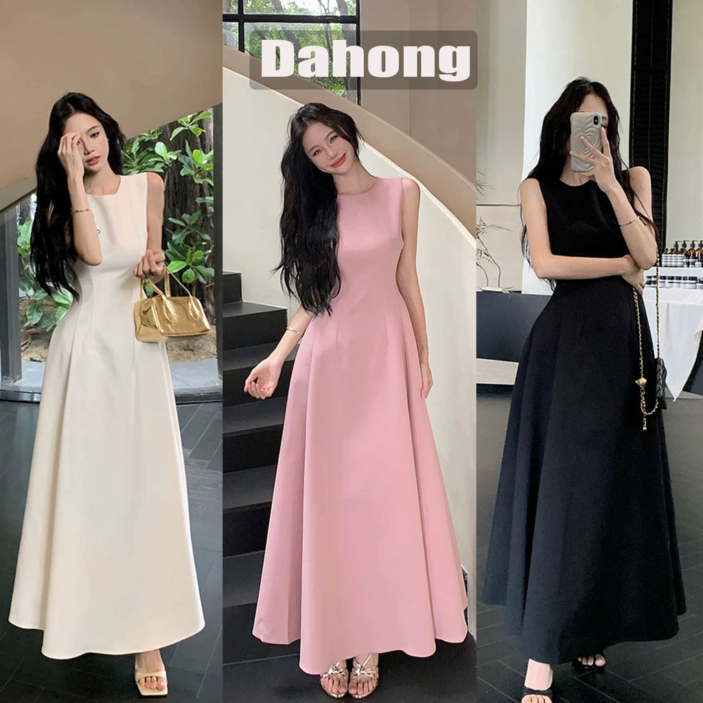 Dahong ชุดเดรสยาว แขนกุด สไตล์การออกแบบเอวบริสุทธิ์ระดับไฮเอนด์ 2024 ฤดูร้อนใหม่ชุดยาว สีพื้น สไตล์สง่า 99012